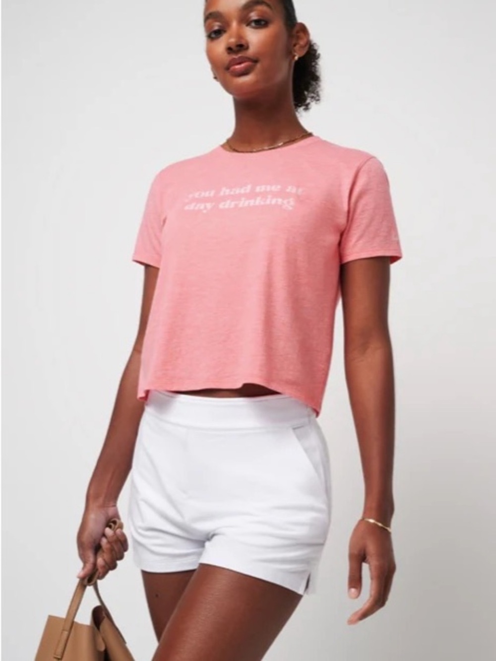 Travis Mathew Pink Short-Sleeve cropped Tee "you had me at day drinking" xs